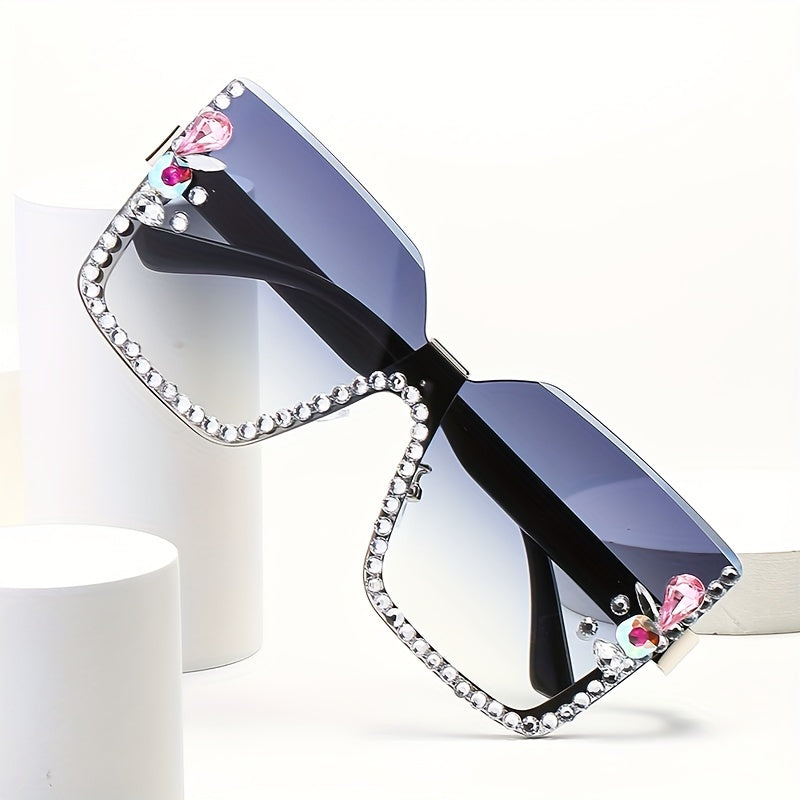 Large Square Rimless Sunglasses with Rhinestones and Gradient Lenses for Women