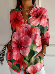 Plus Size Floral Print Casual Blouse Polyester Lapel Button-Up Top