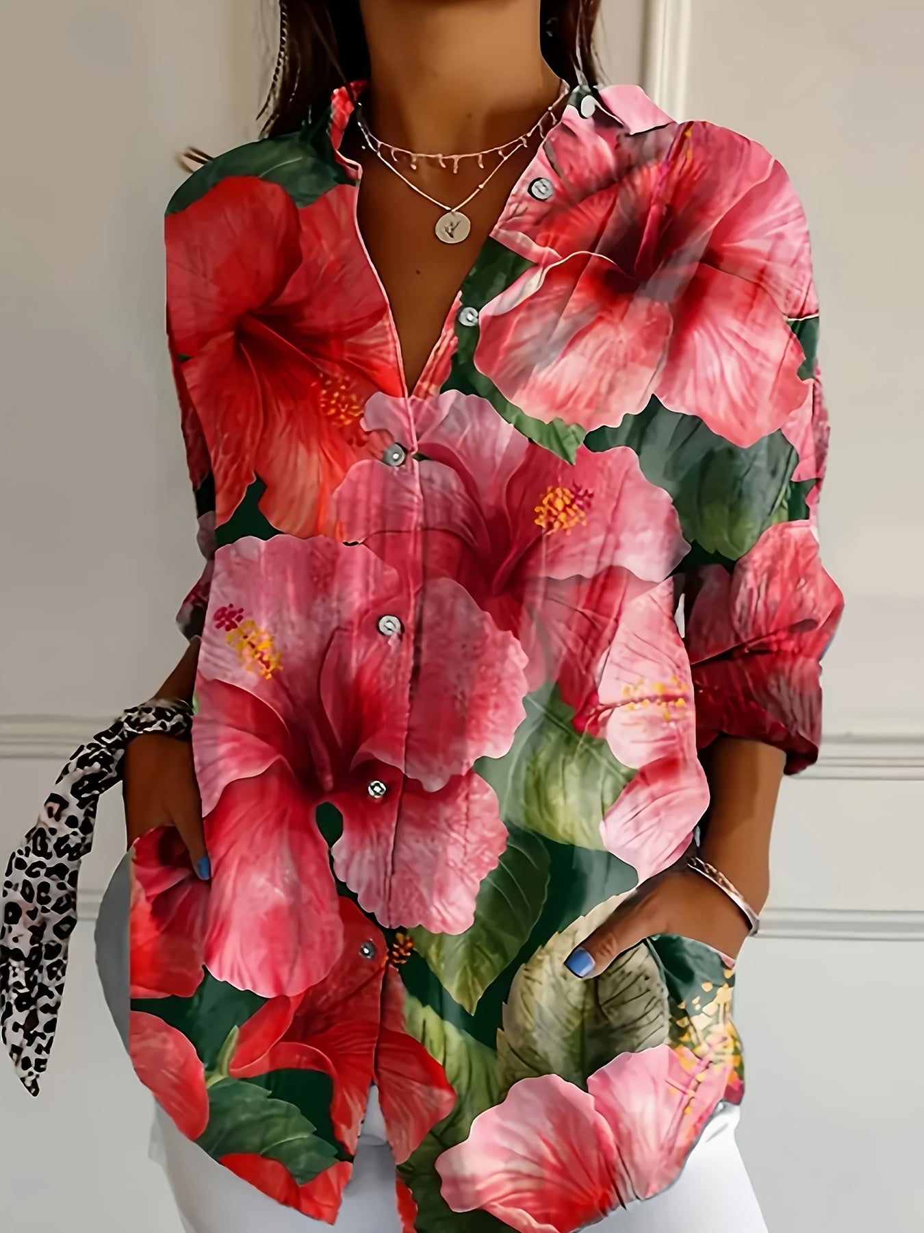 Plus Size Floral Print Casual Blouse Polyester Lapel Button-Up Top