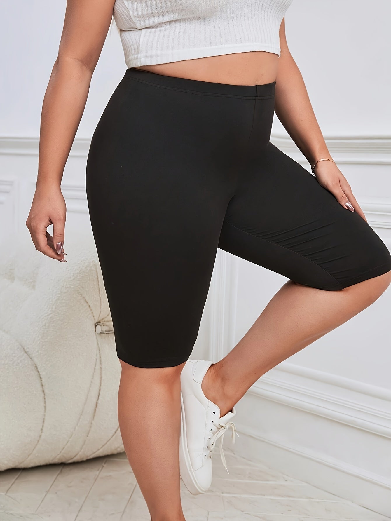 Plus Size High-Waisted Stretch Leggings for Women Dark Solid Color All-Season