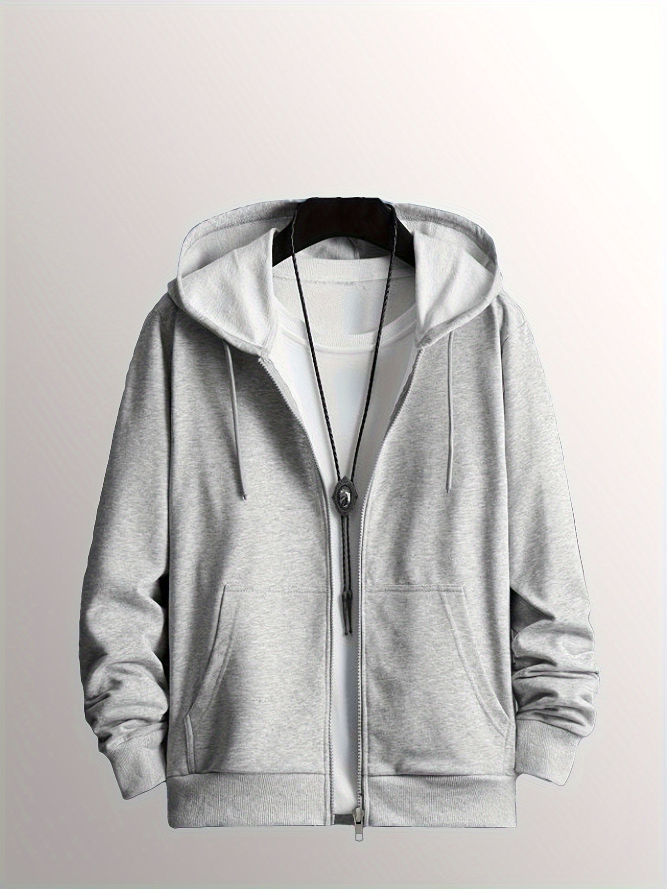 Plus Size Men's Hooded Zipper Sweatshirt with Pocket Solid Polyester Knit for Winter