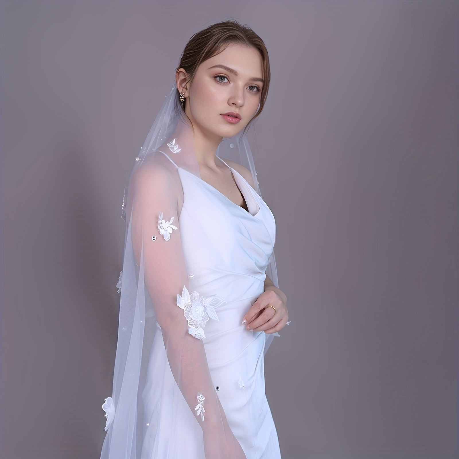 Vintage Bridal Veil with 3D Lace Flowers Nylon Hand Wash Wedding Accessory