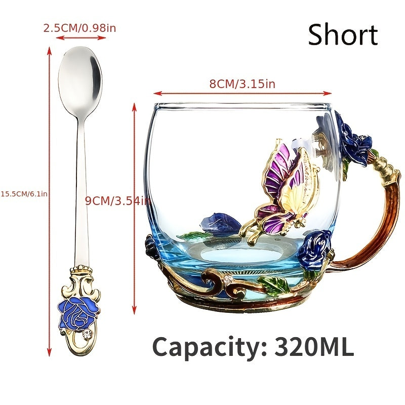 Enamel Crystal Tea Cup with Butterfly and Rose Design Includes Spoon Clear Glass