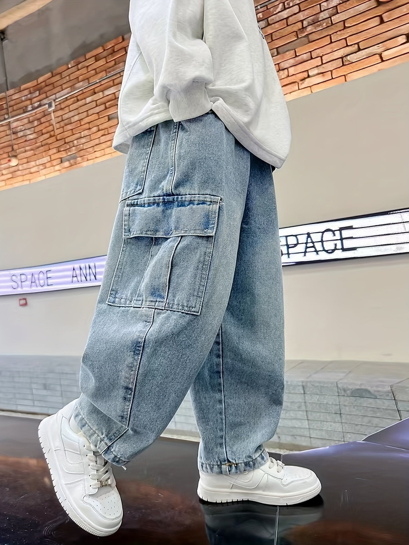 Boys' Denim Cargo Pants with Pockets Elastic Waist Loose Fit Casual Kids' Long Length