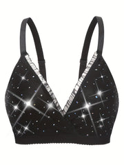 Women's Plus Size Shiny Sequin Deep V Neck Lace Trim Bra