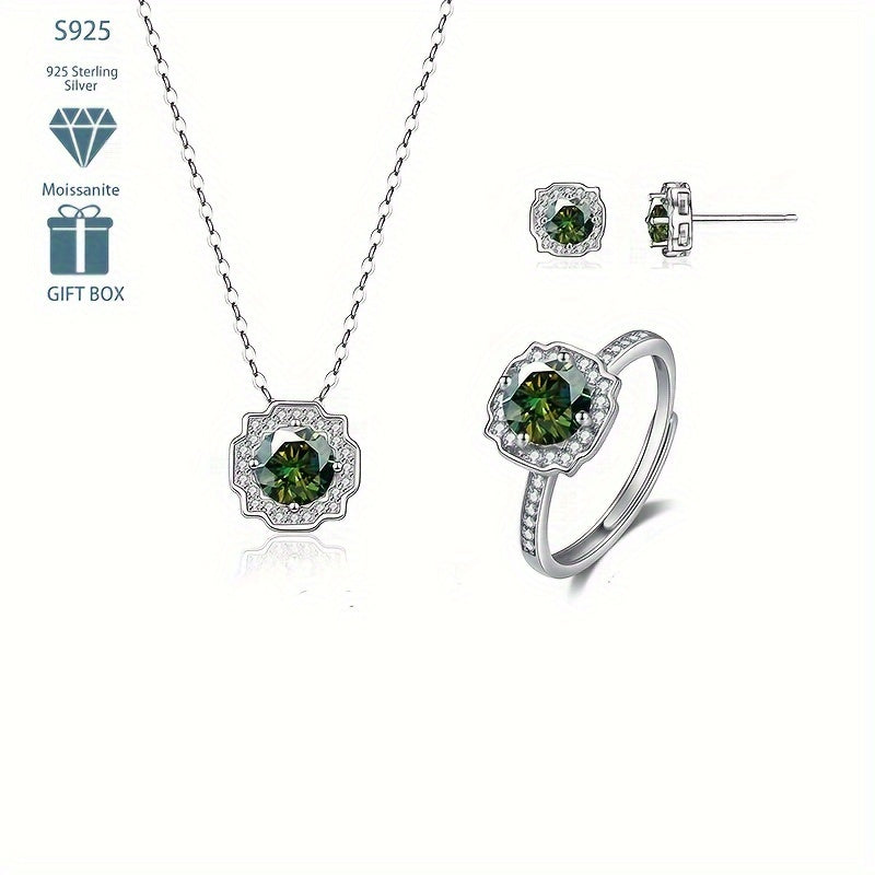 Sterling Silver Jewelry Set with Moissanite Earrings Necklace and Ring in Multiple Colors