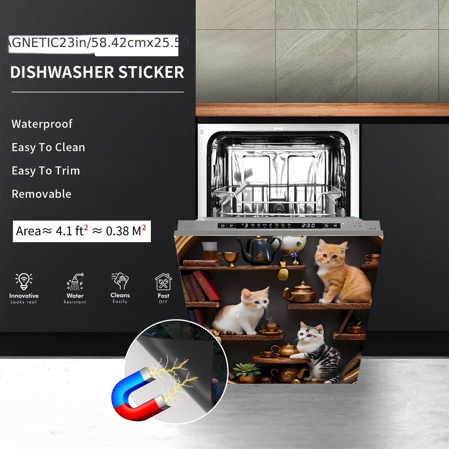 Mushuk mavzusidagi magnitli idishlarni yuvish mashinasining qopqog'i uchun dekali yumshoq vinil stiker, apelsin rangli tabby mushukcha, oshxona dekoratsiyasi