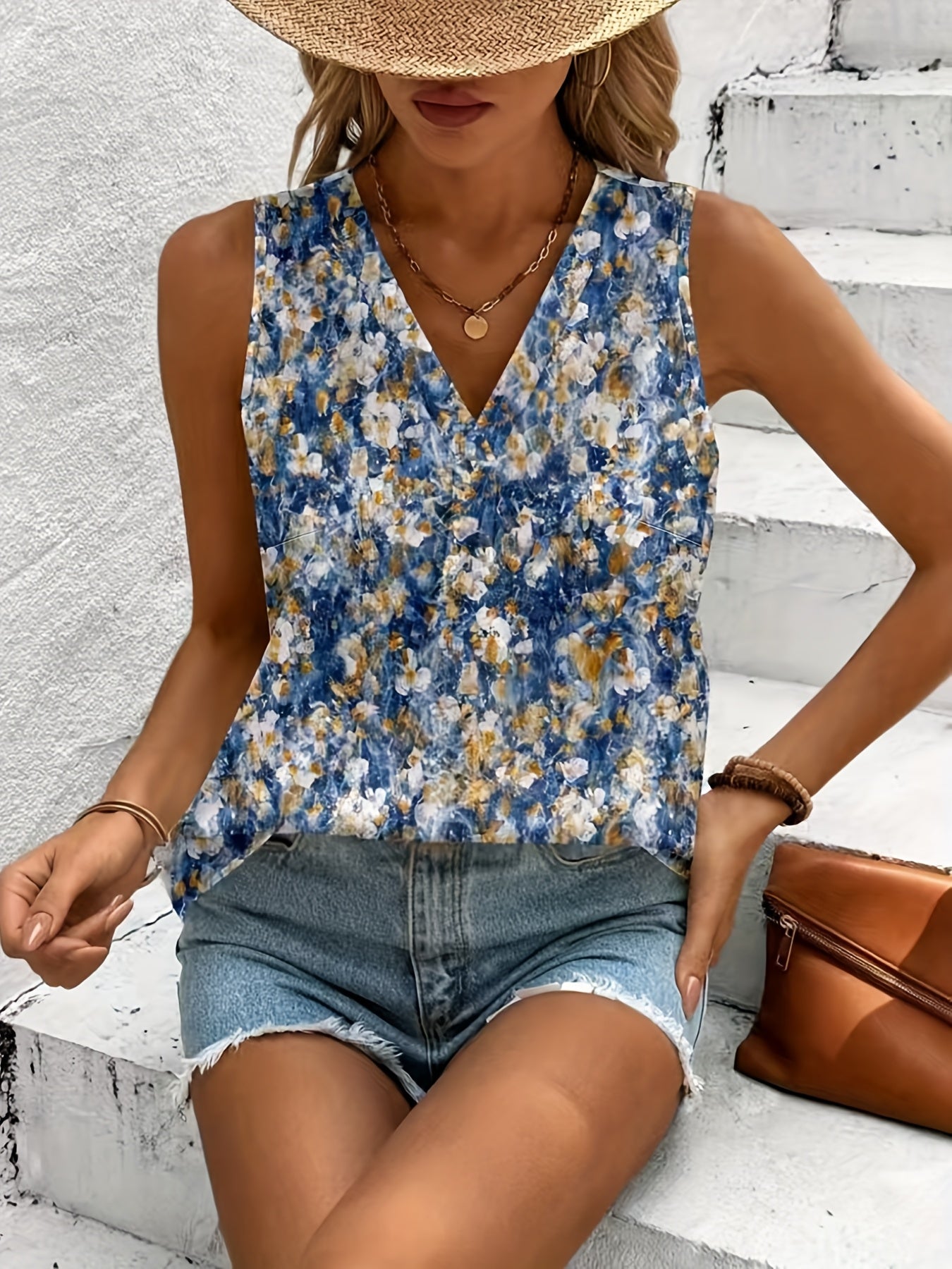 Plus Size Women's Floral Print Sleeveless Vest Spring Summer Vacation Style