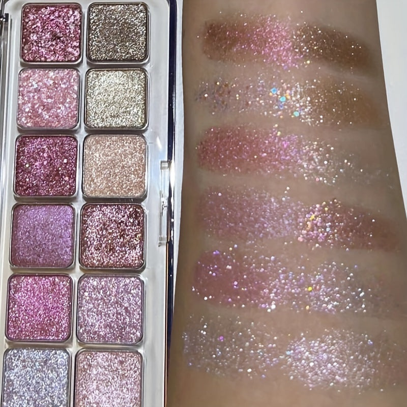 Women Glitter Eyeshadow Palette, 12 Colors, Pink White Red, Makeup Kit