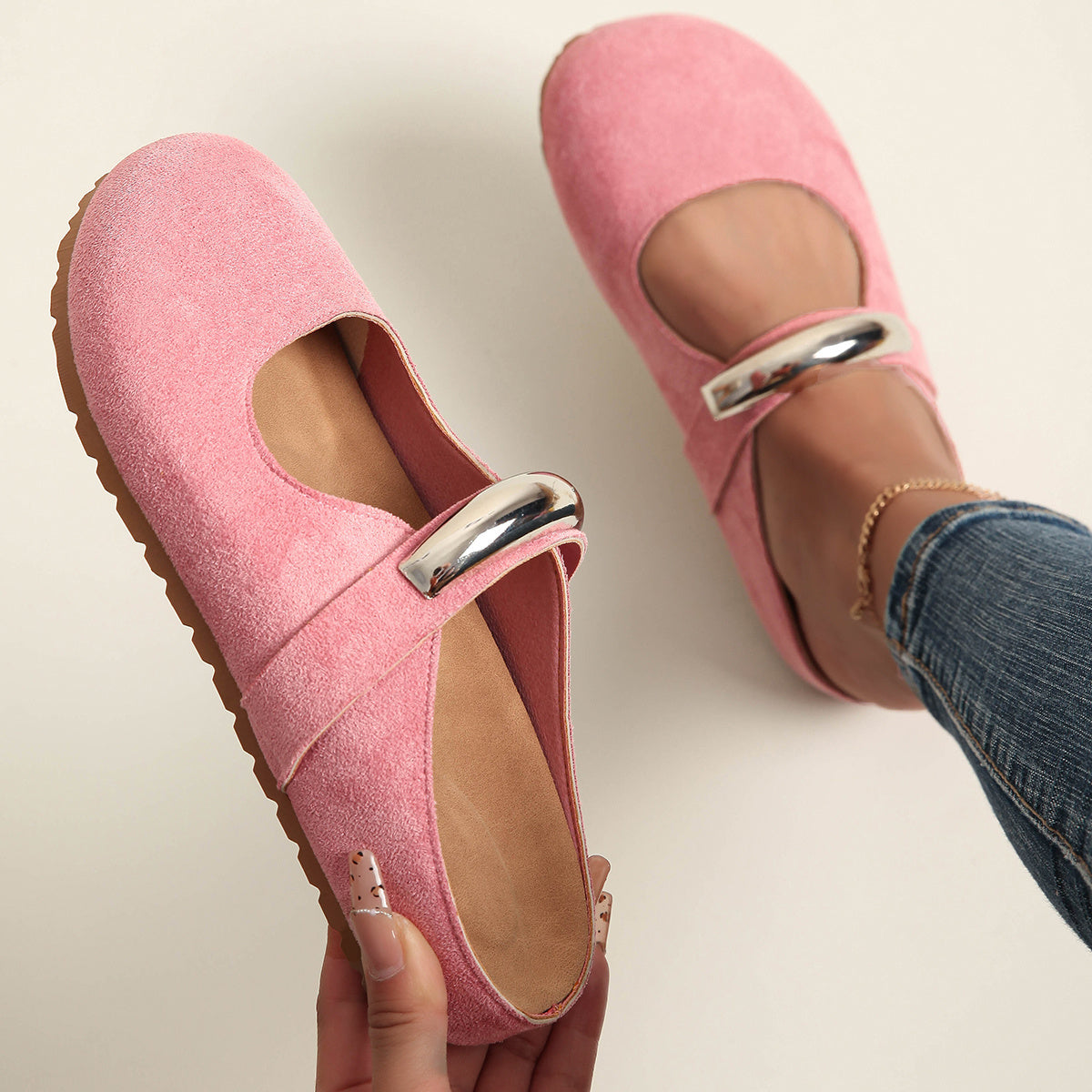 Women's Slip-On Loafers with Metal Buckle Fabric Upper EVA Sole