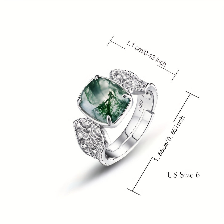 Green Moss Agate Sterling Silver Open Ring 2.4CT Water Grass Design Unisex