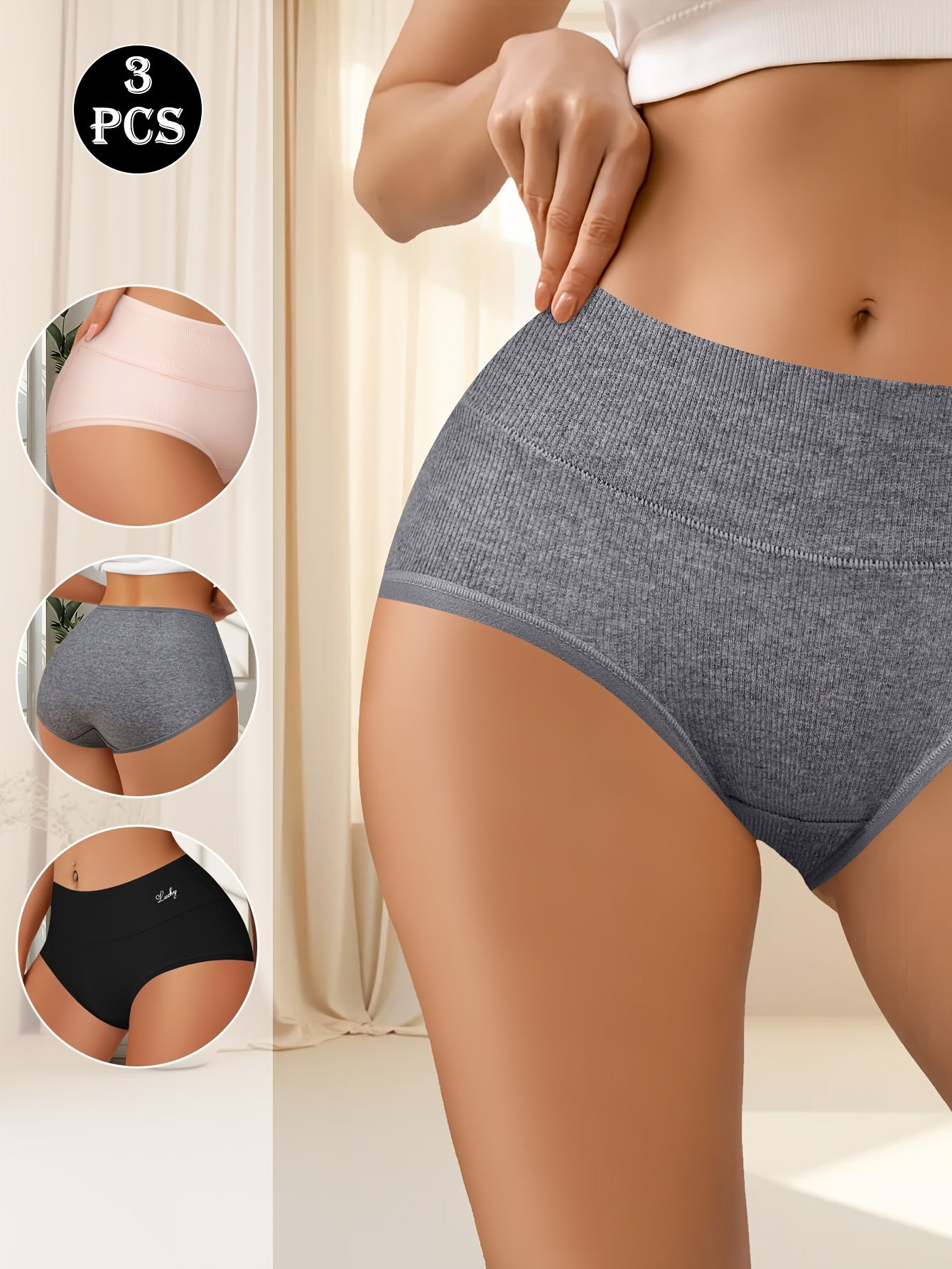 Women's Cotton Briefs 3-Pack Mid-Waist Breathable Skin-Friendly Underwear