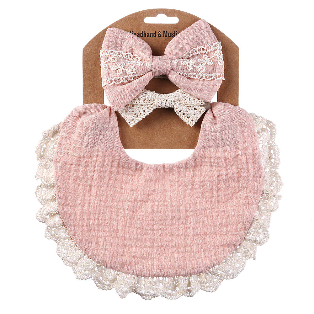 Baby Headbands and Bibs Set of Two with Stain-Resistant Baby Bib and Lace Bow Headband