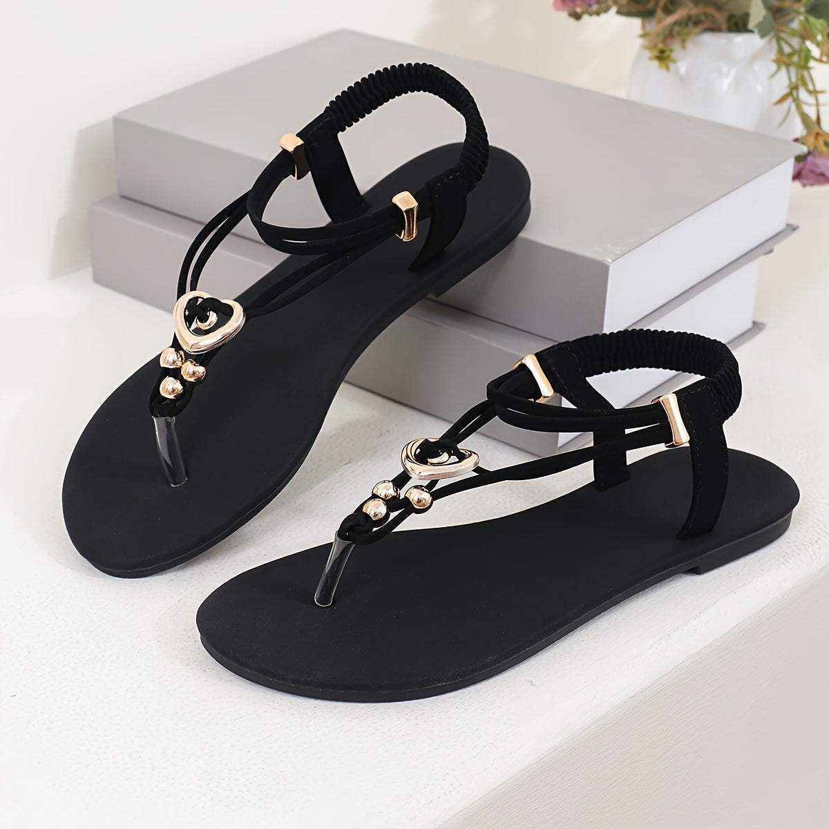 Women's Summer Thong Sandals with Elastic Ankle Straps Flat Beach Shoes