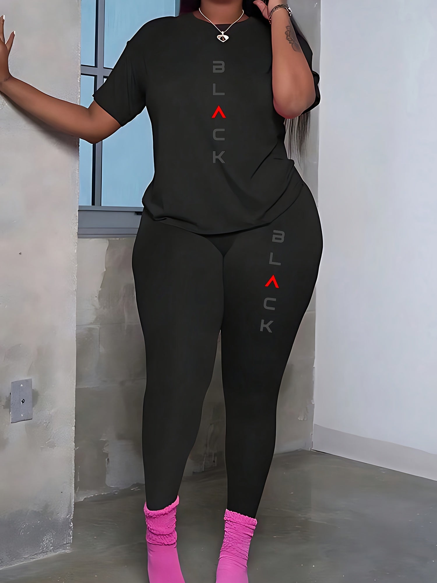 Women's Summer Sports Set Long Pants Short Sleeve Letter Print Elastic