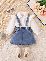Toddler Girl White Long Sleeve Shirt with Denim Overalls Skirt Set for Spring Fall Outdoor