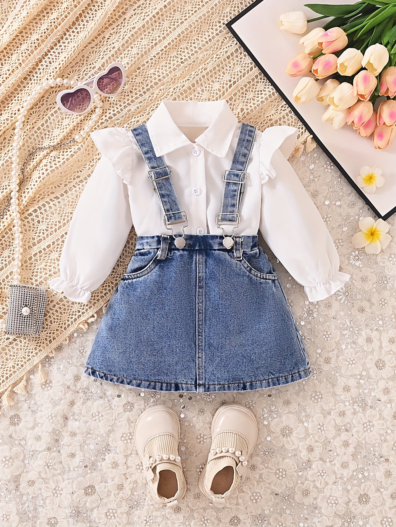 Toddler Girl White Long Sleeve Shirt with Denim Overalls Skirt Set for Spring Fall Outdoor