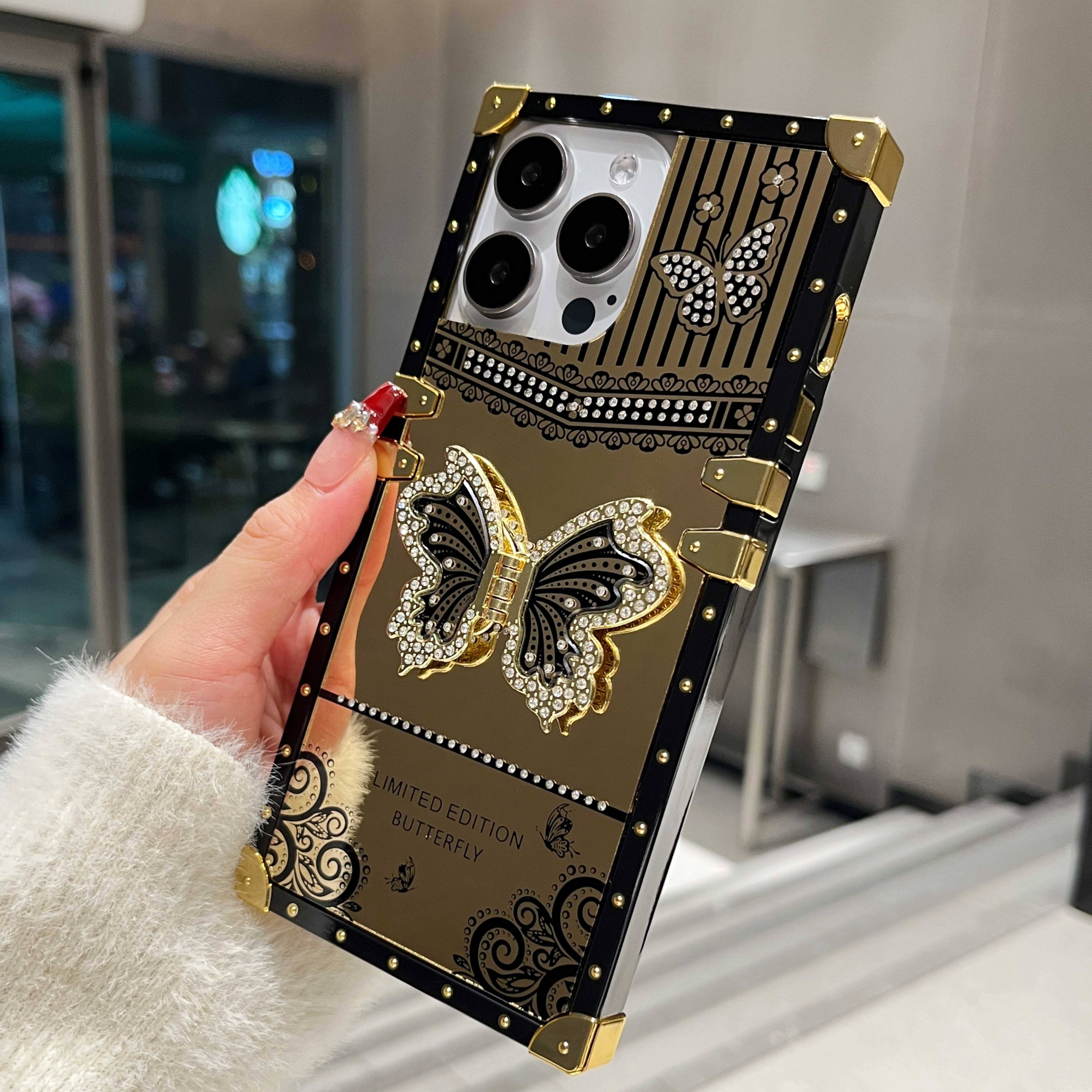 Gold-Plated Butterfly Stand Phone Case for iPhone 16 Pro Max/15/14/13 Pro Max with Holder and Elegant Design