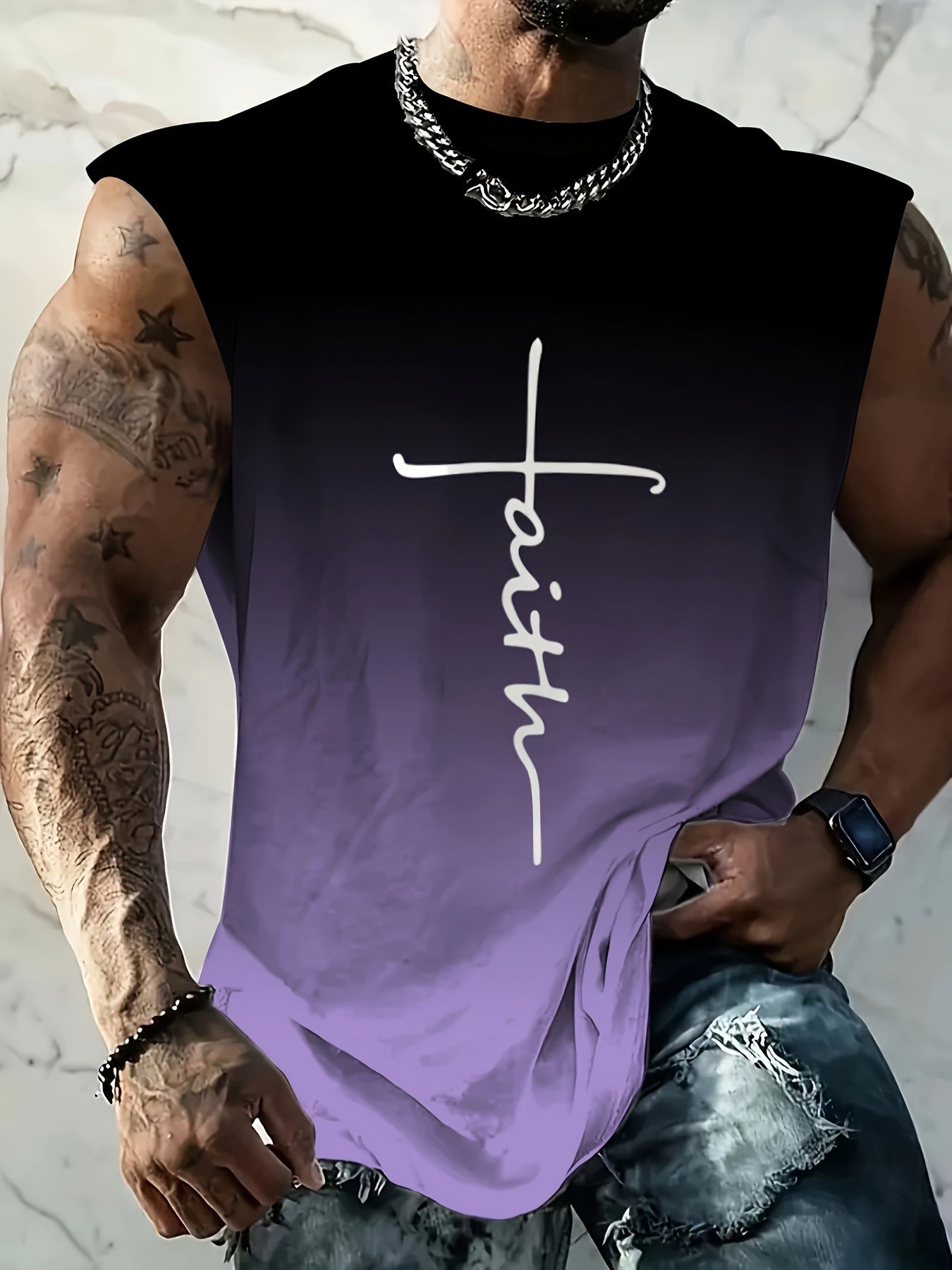 Men's Plus Size Gradient Faith Print Tank Top Black to Teal Summer Fitness Casual Breathable Stretchy