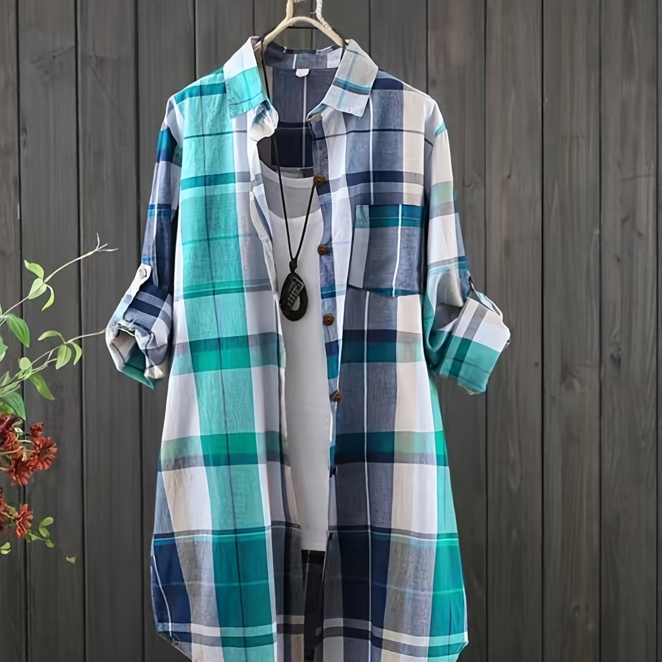 Plus Size Women's Casual Plaid Shirt Long Sleeve Button-Up Blue White Checkered