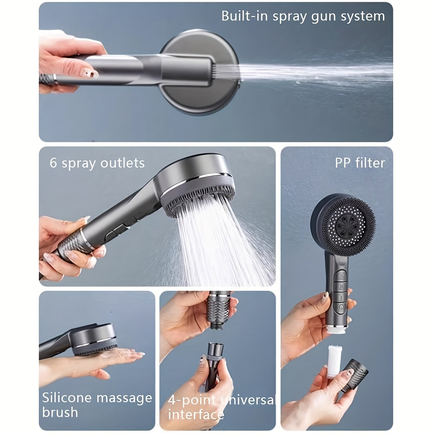 High-Pressure Handheld Shower Head with 5 Modes Stainless Steel Hose Adjustable Bracket