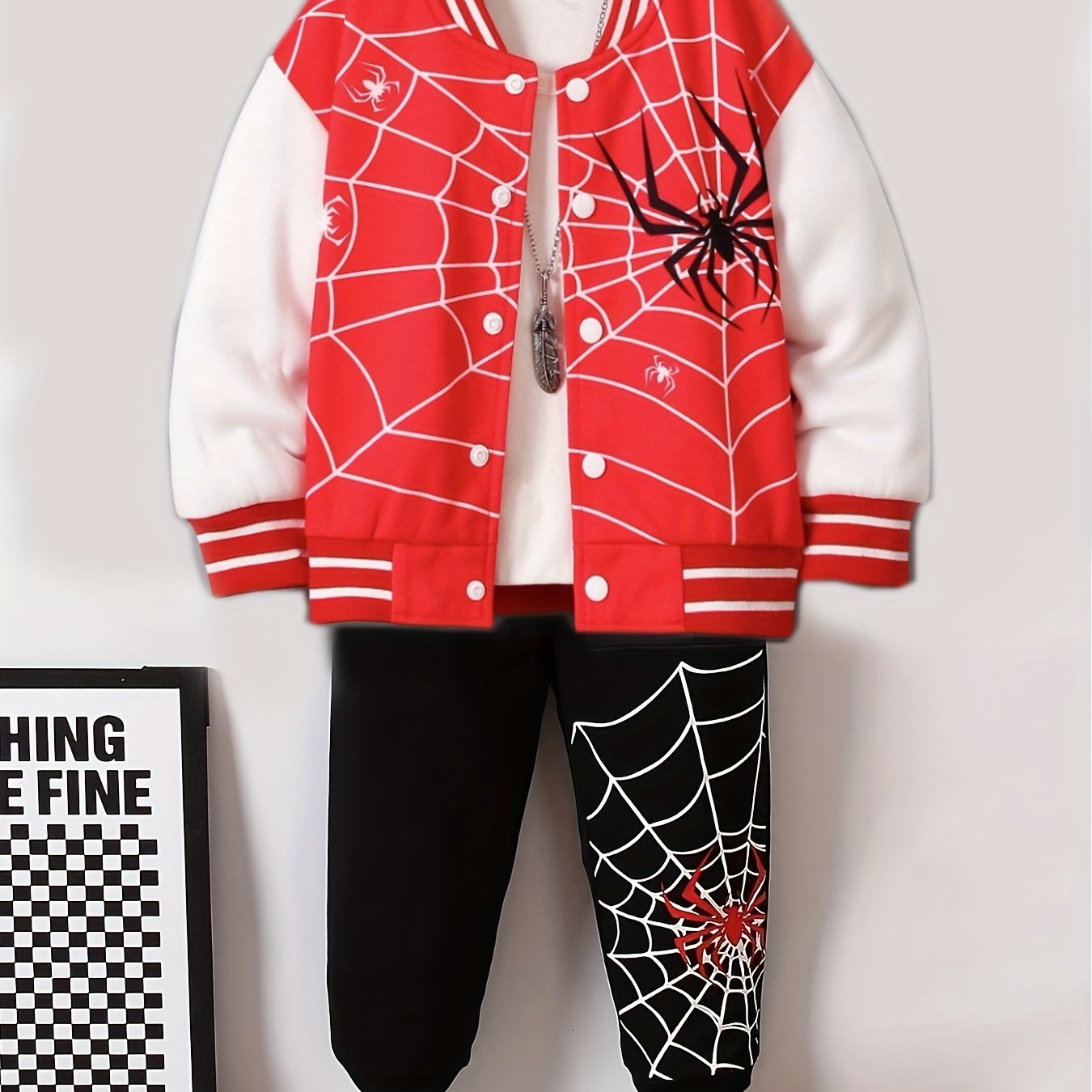 Kids Boys Spider Print Baseball Jacket and Pants Set Long Sleeve Spring Fall Casual