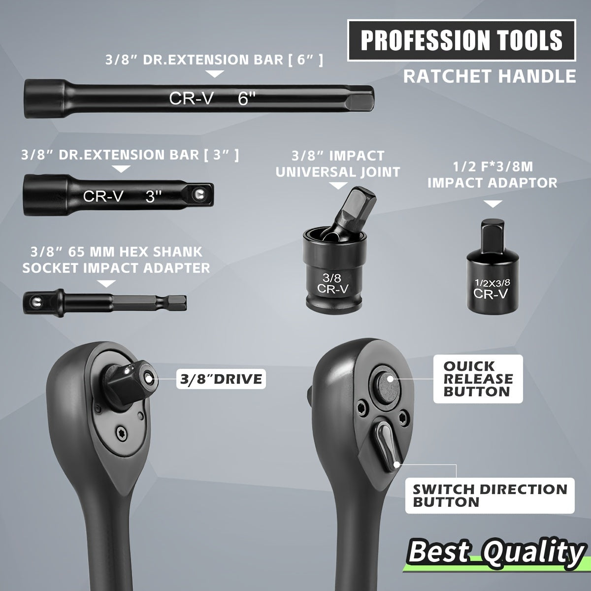 Juego de 50 piezas de vasos de impacto con carraca de 3/8 pulgadas, SAE y métrico, Cr-V