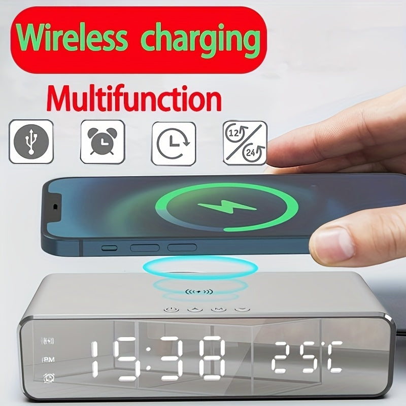 Wireless Charging Station with Alarm Clock Thermometer and Earphone Holder