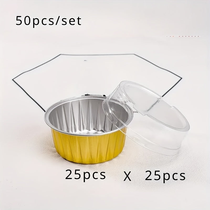 Pack of 50 Disposable Golden Aluminum Foil Dessert Cups with Lids, BPA-Free