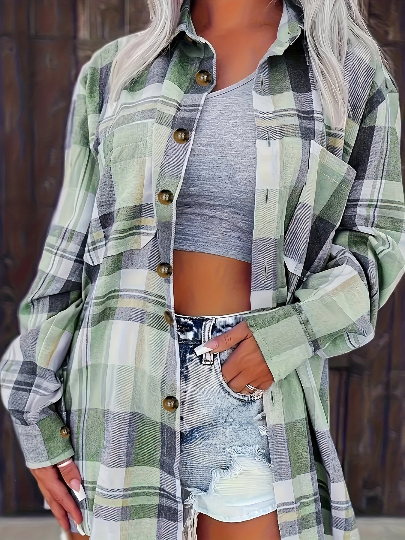 Women's Plus Size Plaid Shirt Polyester Long Sleeve Casual Blouse