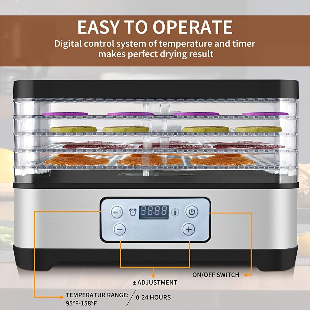 5 ta katta choyshab bilan Smart Food Dehydrator - sozlanadigan harorat, 24 soatlik taymer, o'tlar, mevalar, sabzavotlar va go'shtni quritish uchun ideal - EU rozetkasi, zanglamaydigan po'lat, qishki foydalanish uchun.