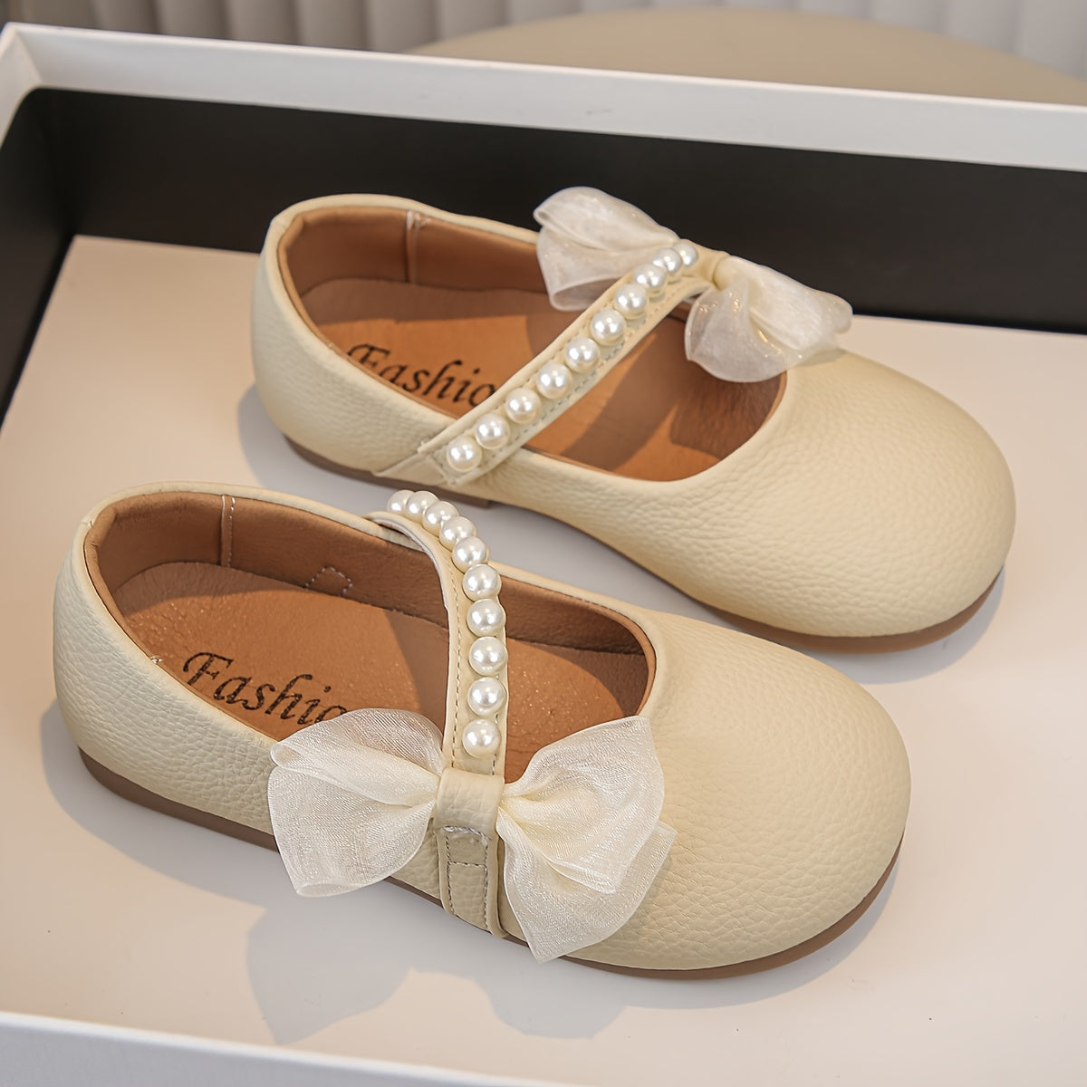 Детские балетки Mary Jane с жемчугом и бантом, бежевые, низкий топ, круглым носом, повседневные и танцевальные туфли