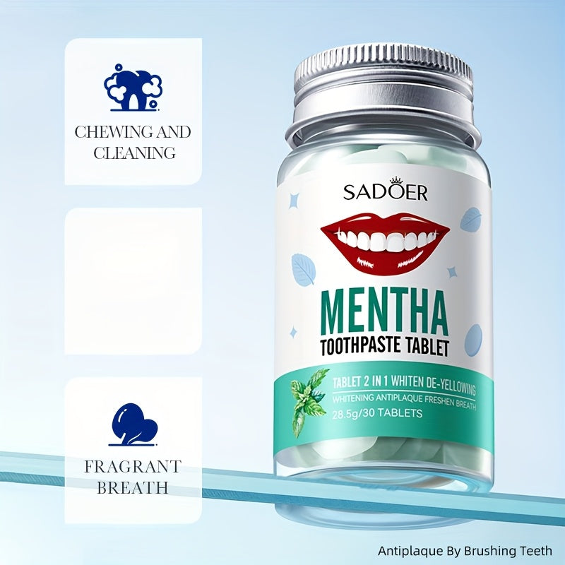 Chewable Peppermint Toothpaste Tablets 30 Count Travel Portable Natural Whitening