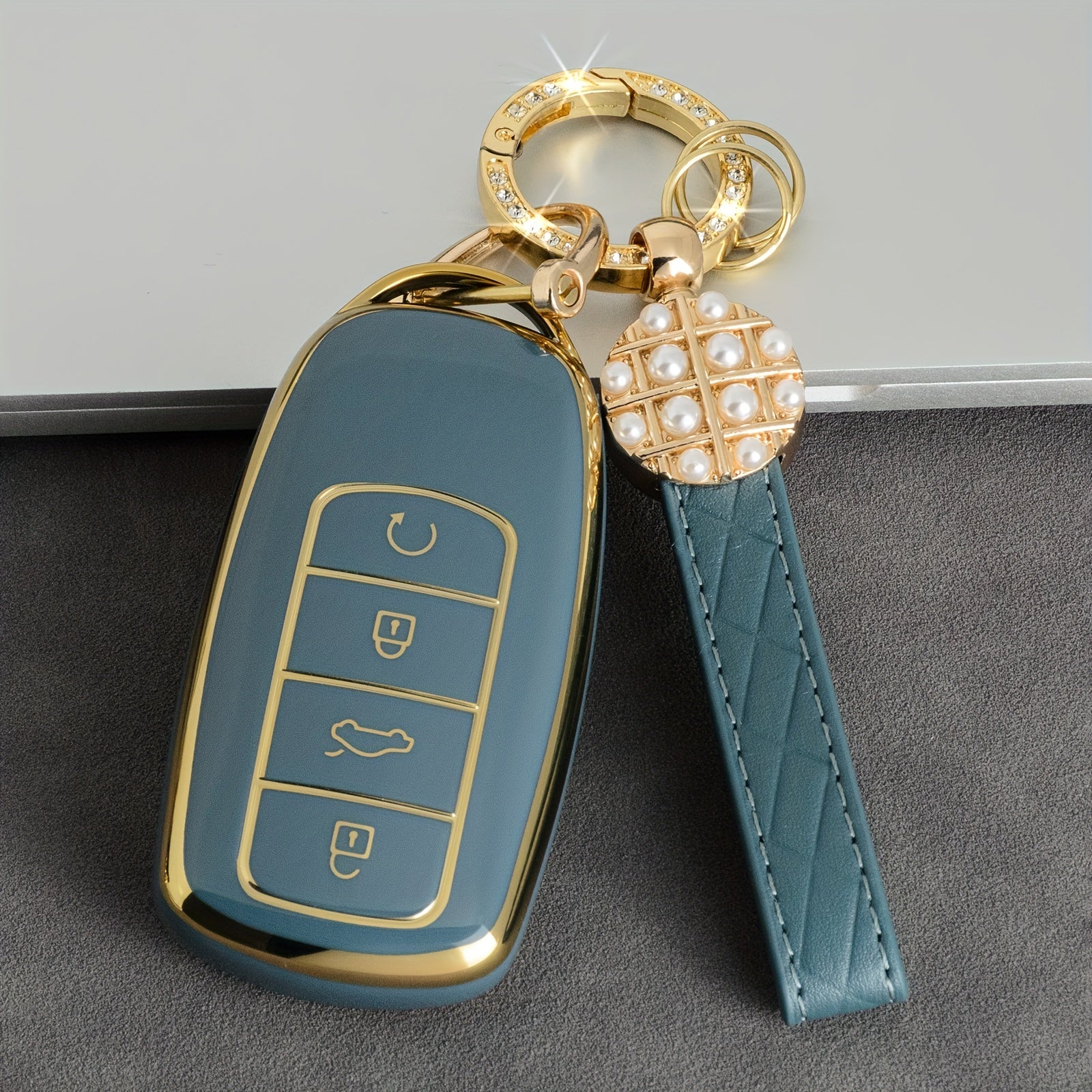 Leather Key Fob Protector with Bling Keychain for Car Key