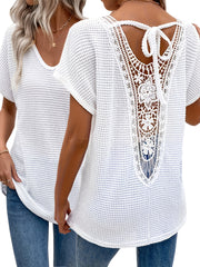 Plus Size Women's V-Neck Batwing Sleeve Lace Trim Semi-Sheer Blouse