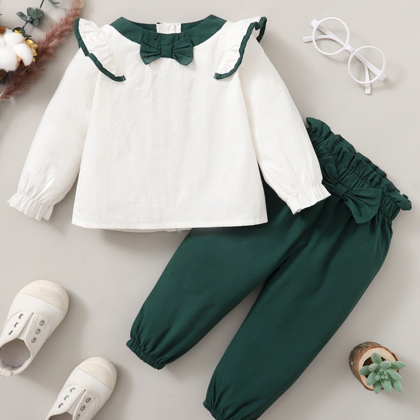 Girls Two-Piece Set with Lace Trim Top and Pants Cotton Solid Spring Fall