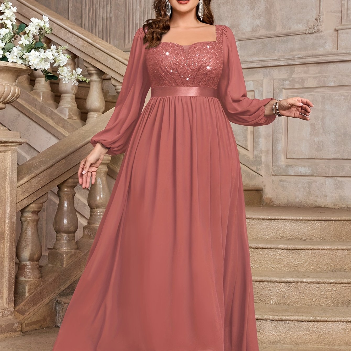 Plus Size Women's Sequin Lace Chiffon Evening Gown with Puff Sleeves