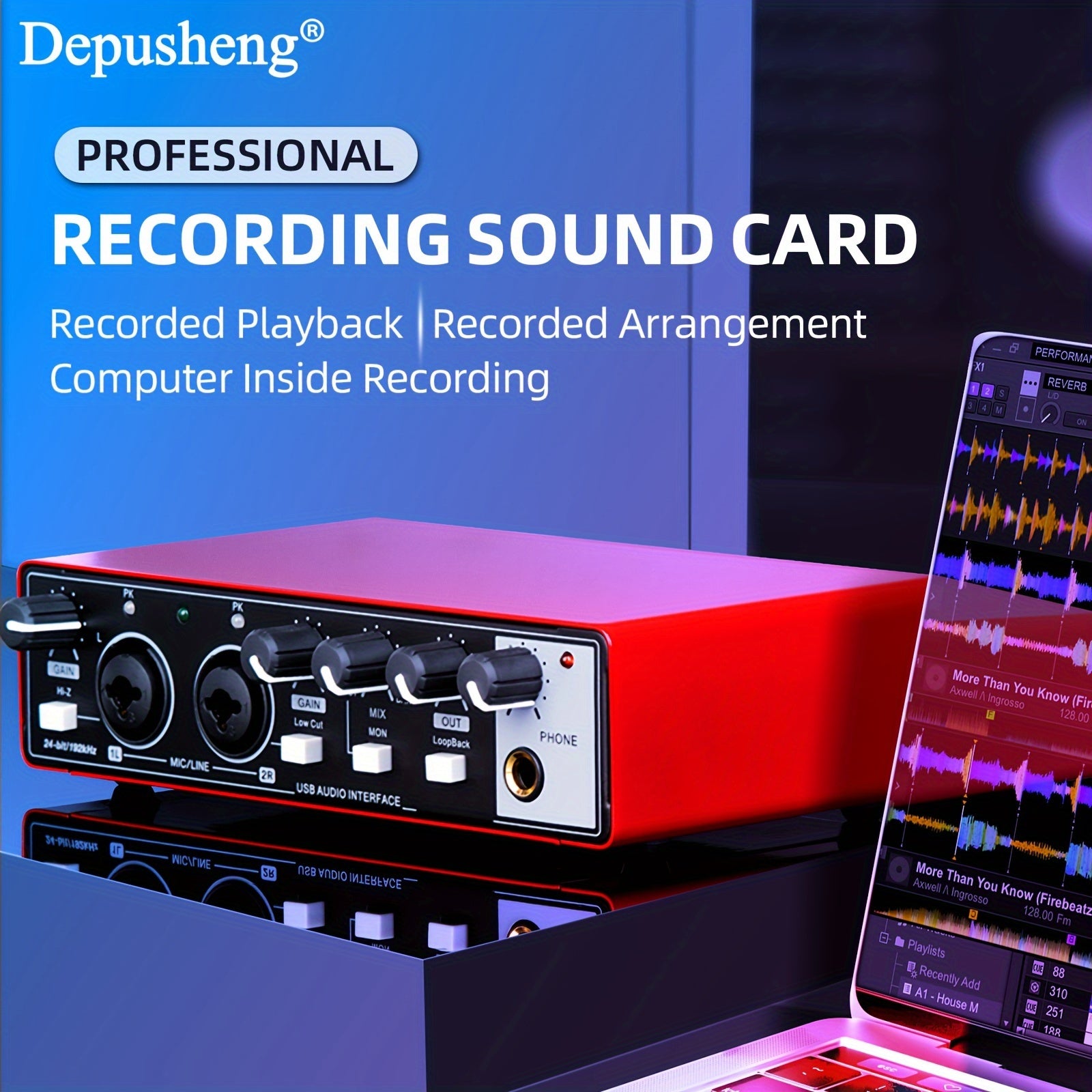 DEPUSHENG USB Audio Interface yozish, oqim va podkastlar uchun past kechikish bilan, 24Bit/96kHz, XLR va fantom quvvat bilan - Qizil