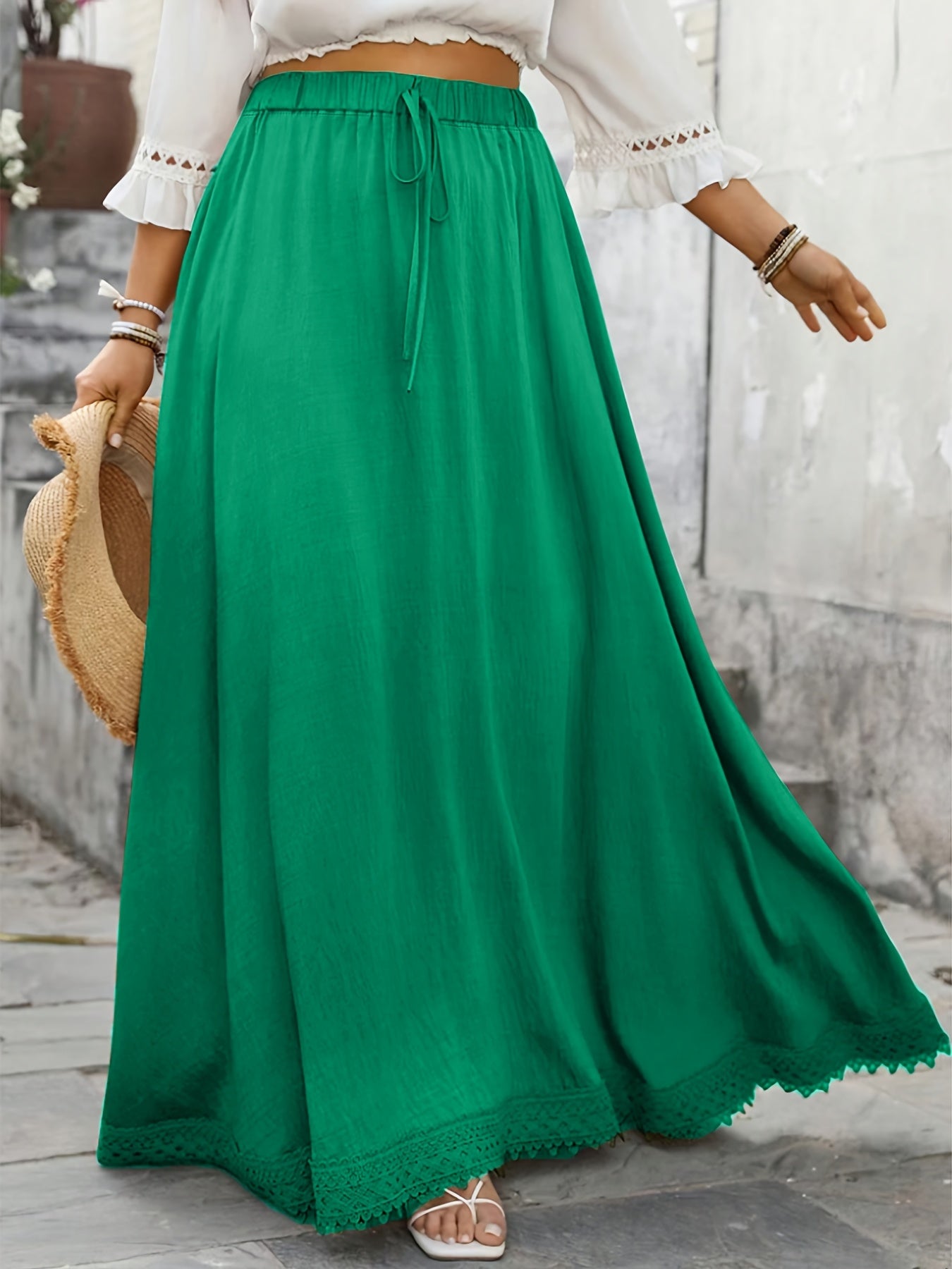 Falda midi de línea A para mujer talla grande con dobladillo de encaje, de tiro alto y color sólido