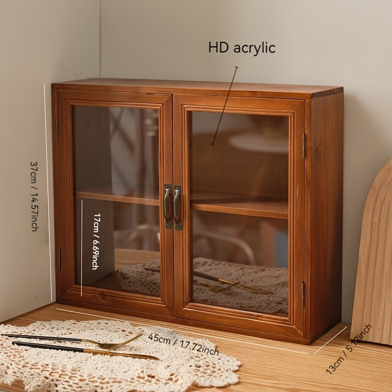 Винтажный деревянный витринный шкаф с двойными дверями, многоуровневым хранением, выставка деревенского чайного сервиза высотой менее 68,58 см, легкий для самостоятельного использования в домашнем и гостиничном декоре.