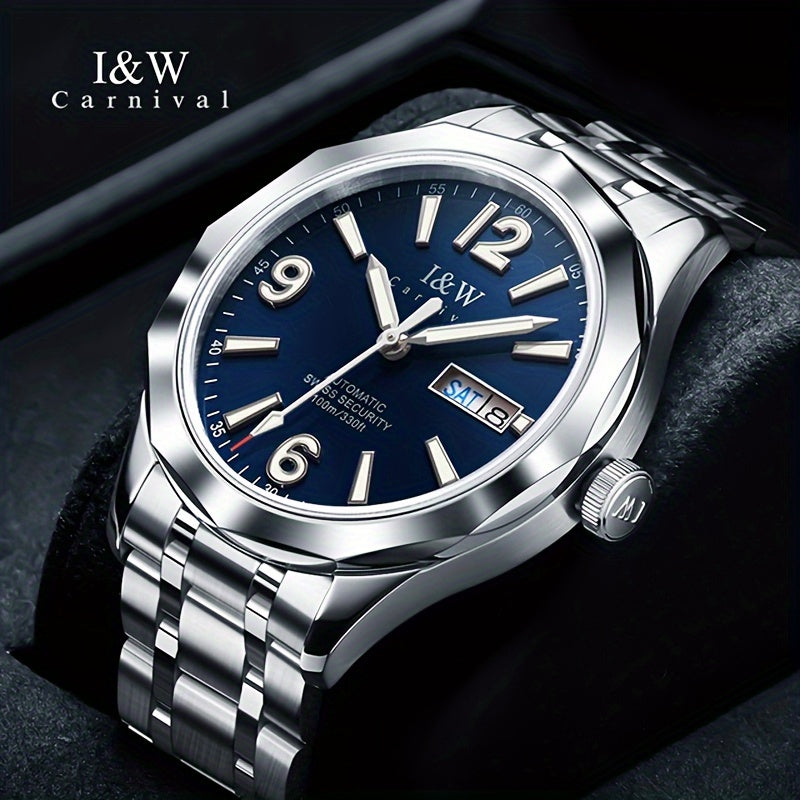 Men's Automatic Mechanical Watch Stainless Steel Waterproof 100M Dual Calendar Luminous