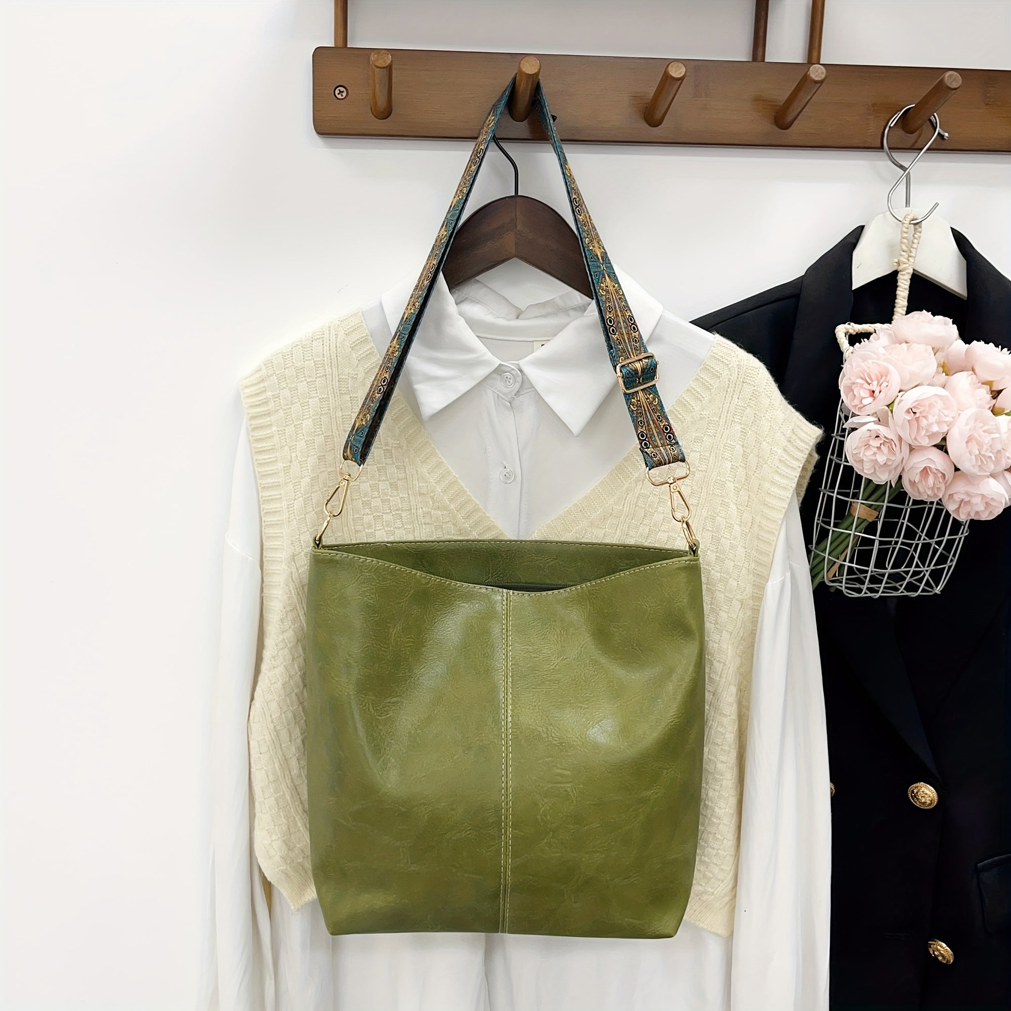 Bohemian Style Geometric PU Leather Hobo Bag for Going Out Light Brown