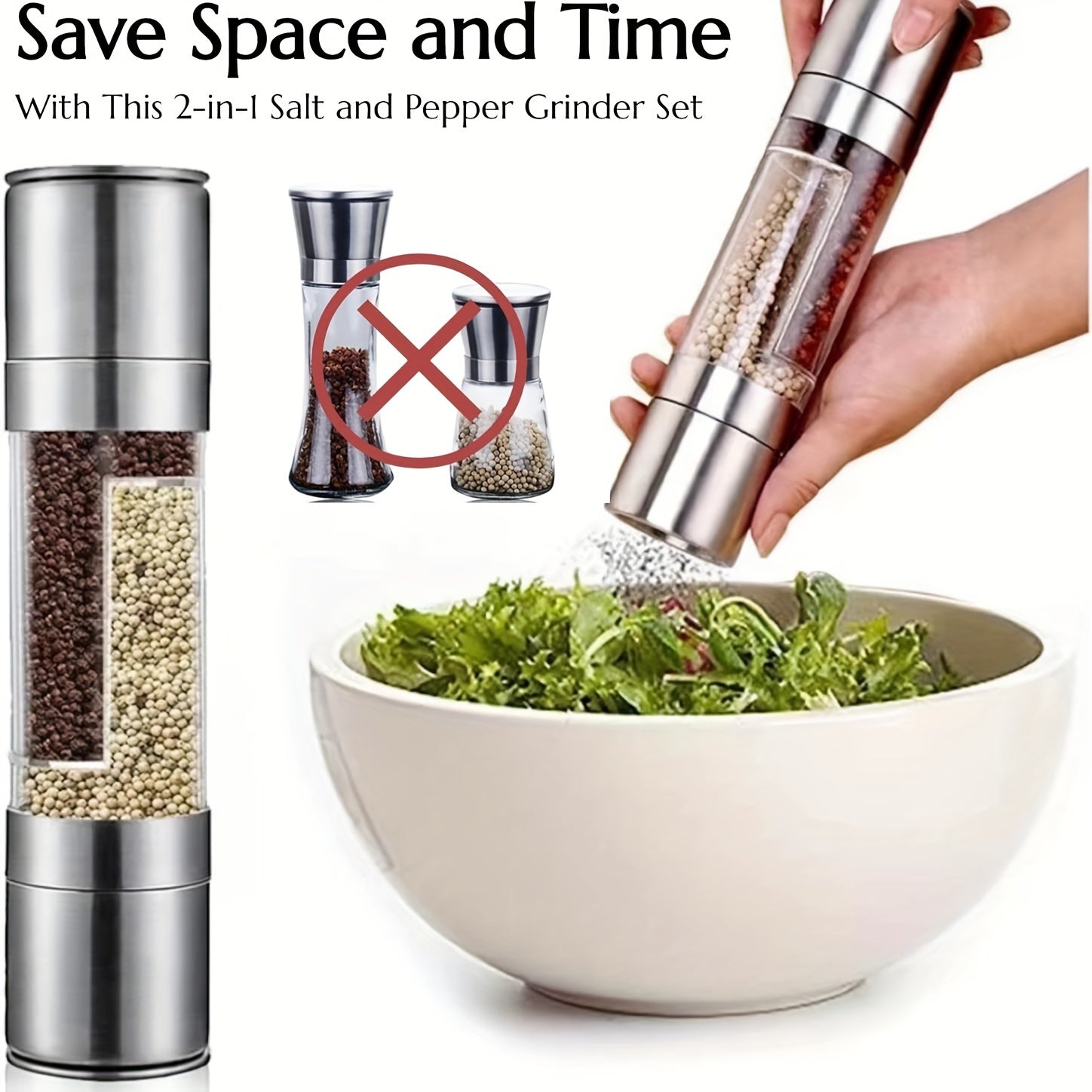 2-in-1 Stainless Steel Salt and Pepper Grinder Set with Adjustable Coarseness