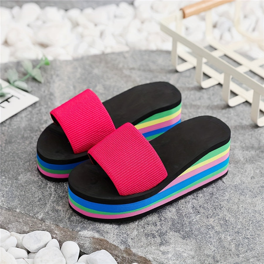 Women's Summer High Heel Slides Fabric Upper EVA Sole Non-Slip Beach Wedges