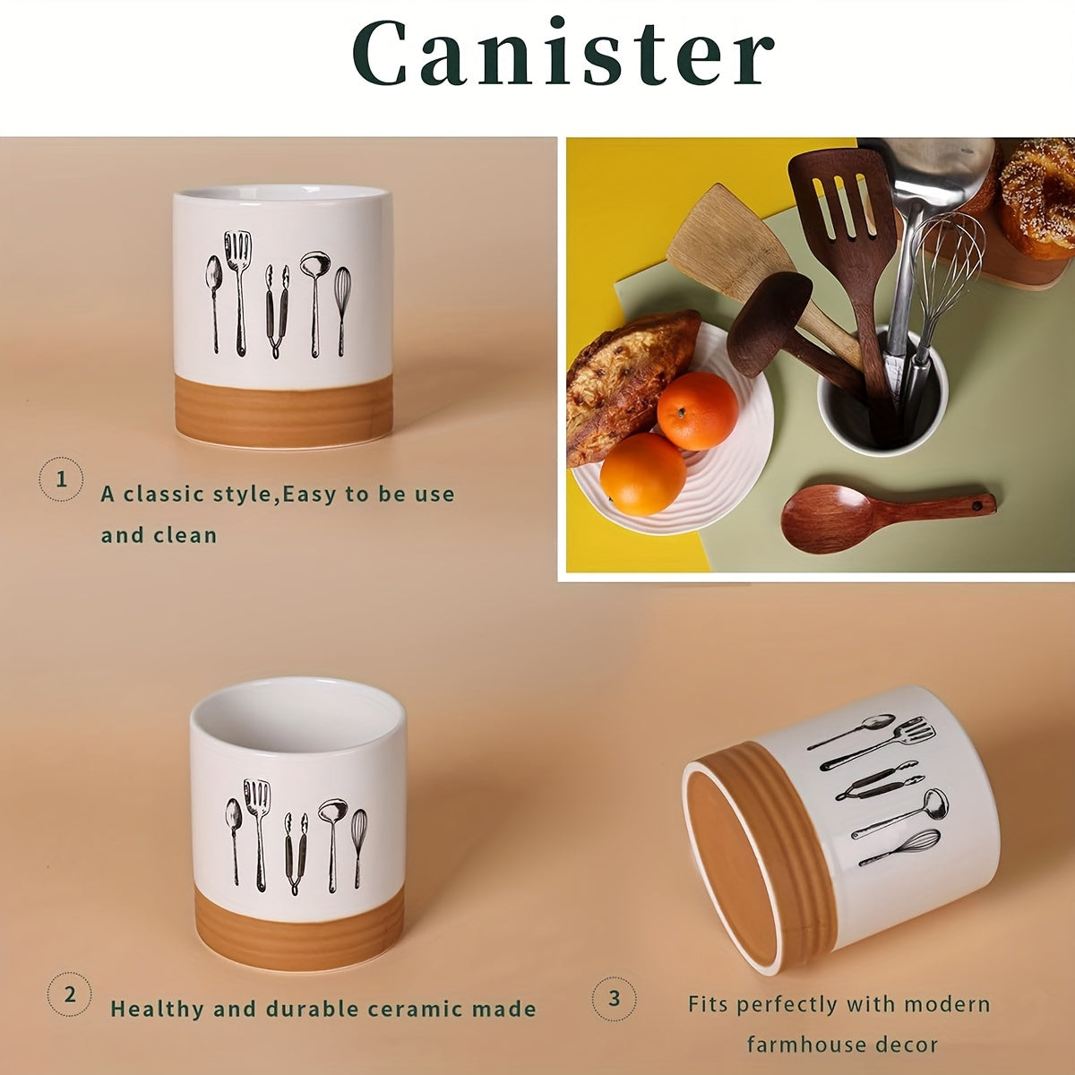 Ceramic Utensil Holder for Kitchen Countertop, 10.41cm, Food Storage Organizer