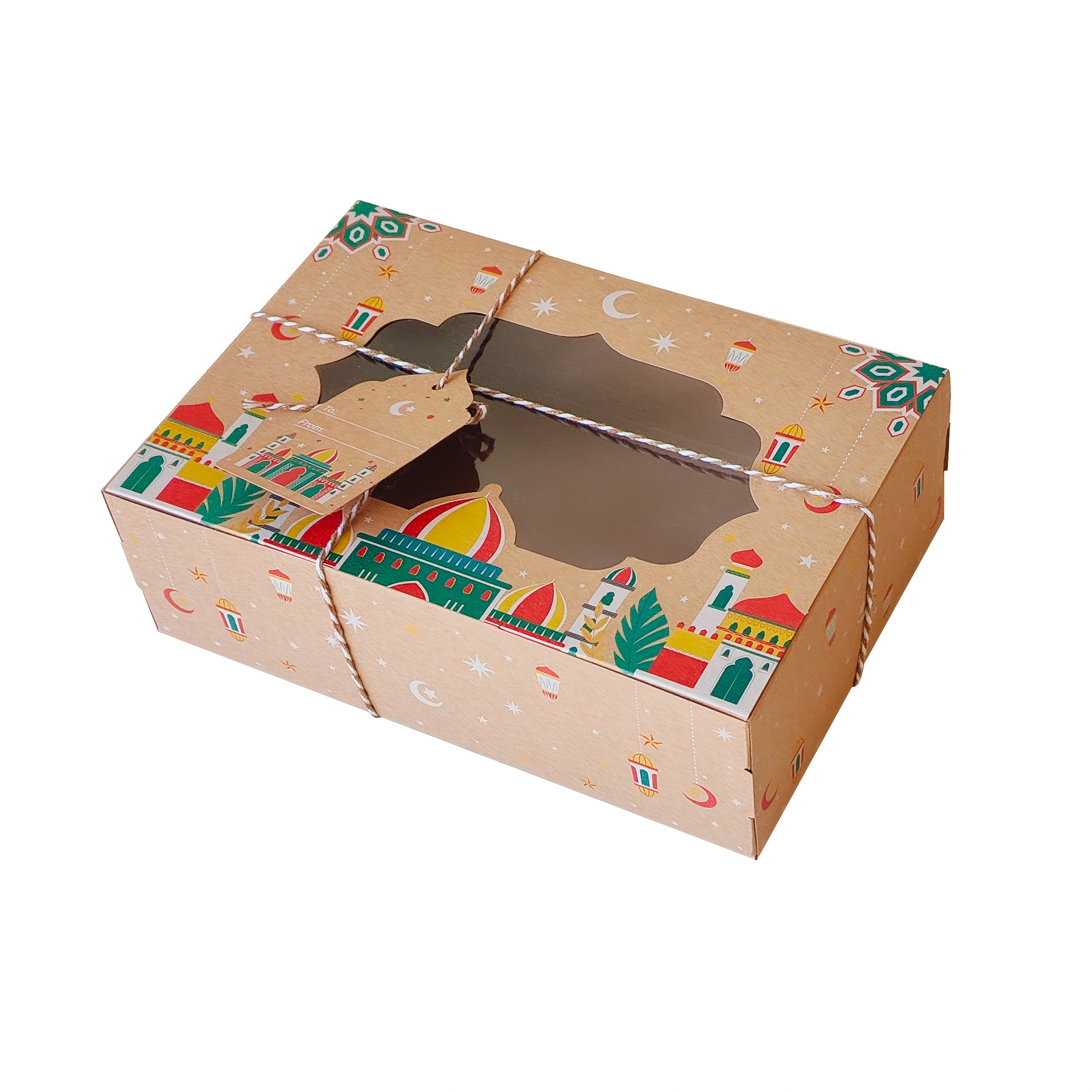 Eid Kraft Paper Gift Boxes with Islamic Designs and View Window for Ramadan Candy Packaging Set of 24