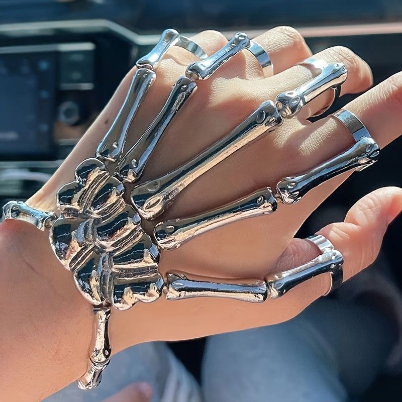 Bir dona zamonaviy punk qafas suyakli qo'l barmoqi moslashuvchan besh barmoqli cho'ziladigan uzuk bilaguzuk, zanjir bilan, gotik va punk uslublarini ifodalaydi.