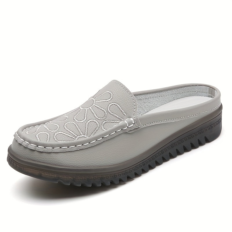 Women Solid Color Embroidered Mules Flat Shoes Non-Slip Comfortable