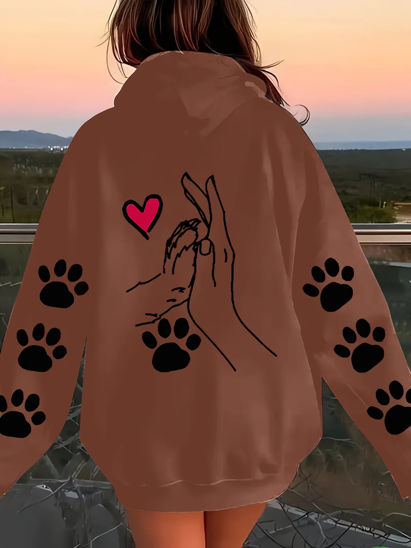 Women's Oversized Polyester Hoodie with Dog Paw Heart Graphic All-Season