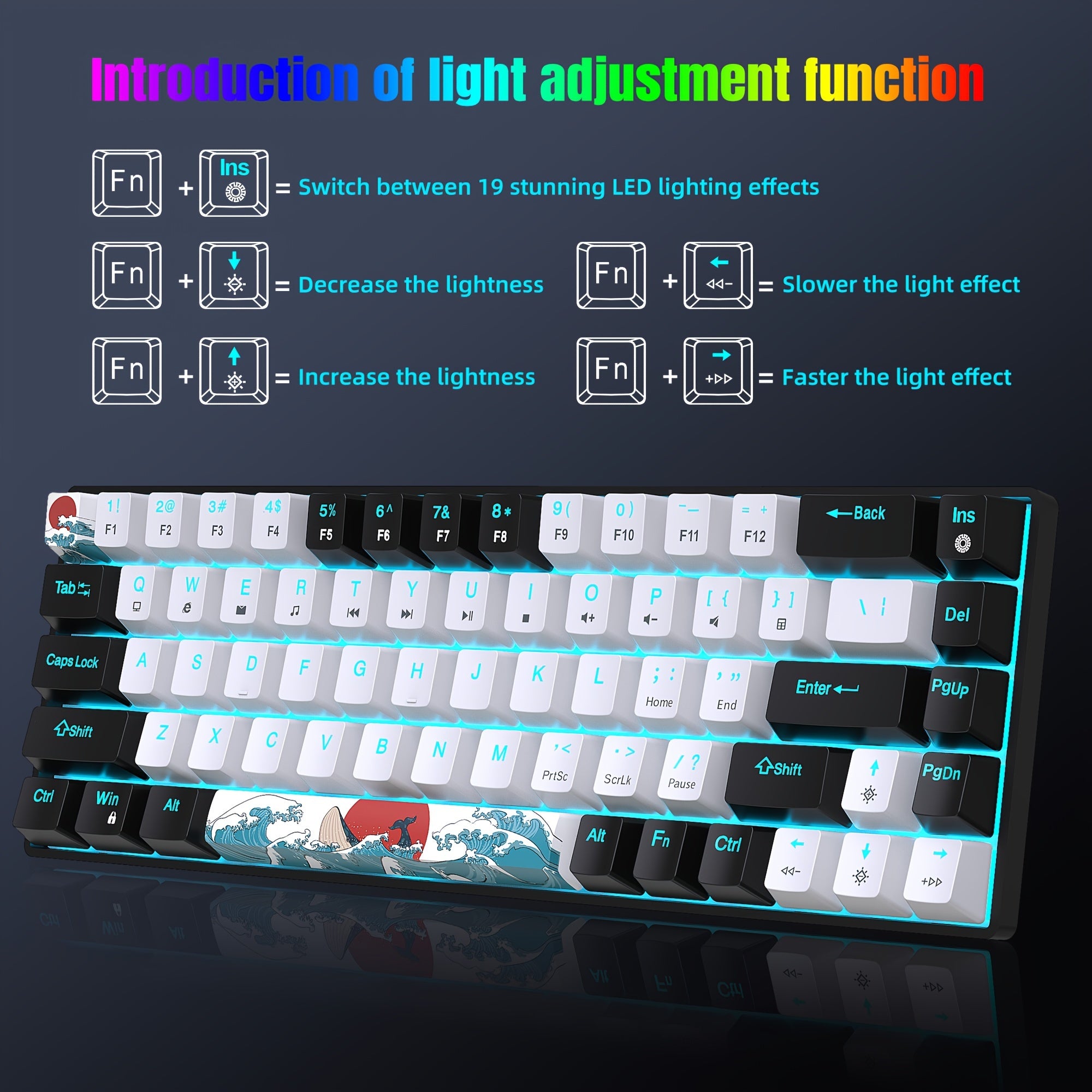Mechanical Gaming Keyboard 68 Keys Blue Switch Backlit USB-C Windows Mac Laptop